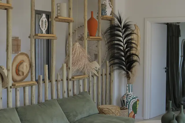 Bright living room with wooden shelving