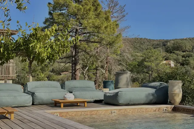 Pool and outdoor lounge among the pines