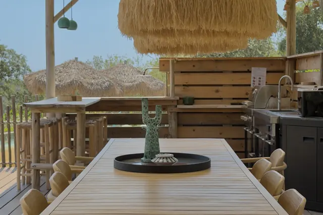 Terrace dining table under the pergola
