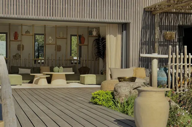 Wooden deck in front of the open living room